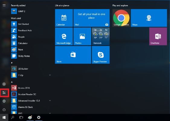 Start button option, file explorer button display