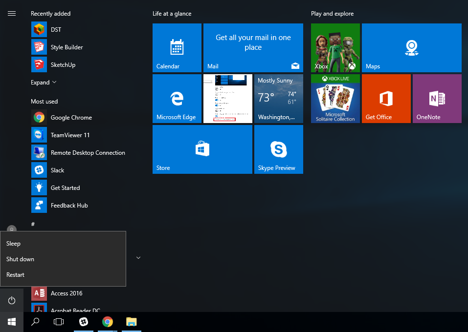 Windows start, power button options display Windows start, power button options display