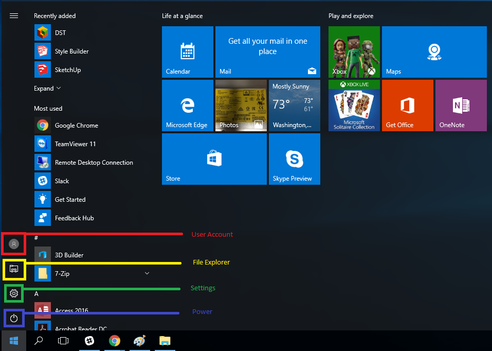 Windows start button options display Windows start button options display