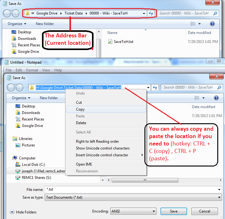 Windows address bar location display