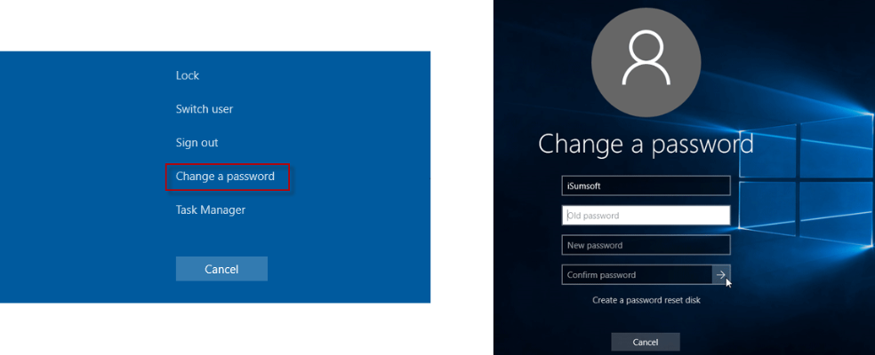 Change a password link, change password page display