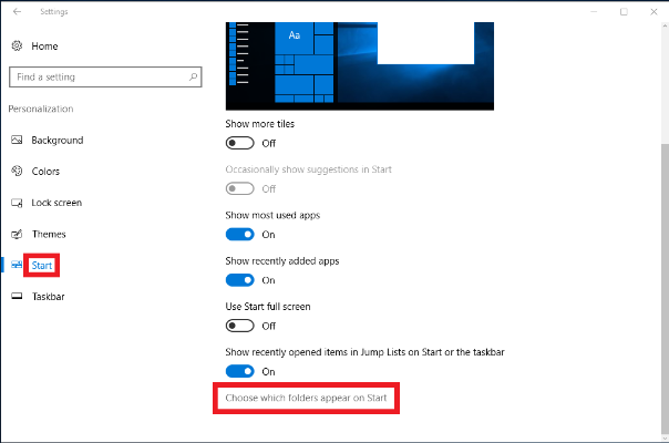 Personalization button, start link, choose which folders appear on start link display Personalization button, start link, choose which folders appear on start link display