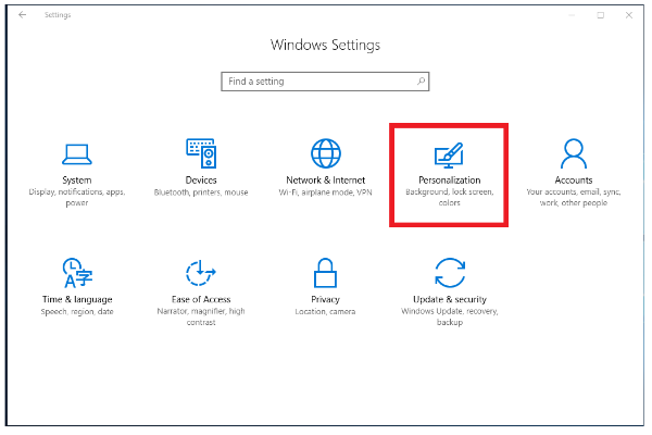Windows settings page, personalization button display Windows settings page, personalization button display